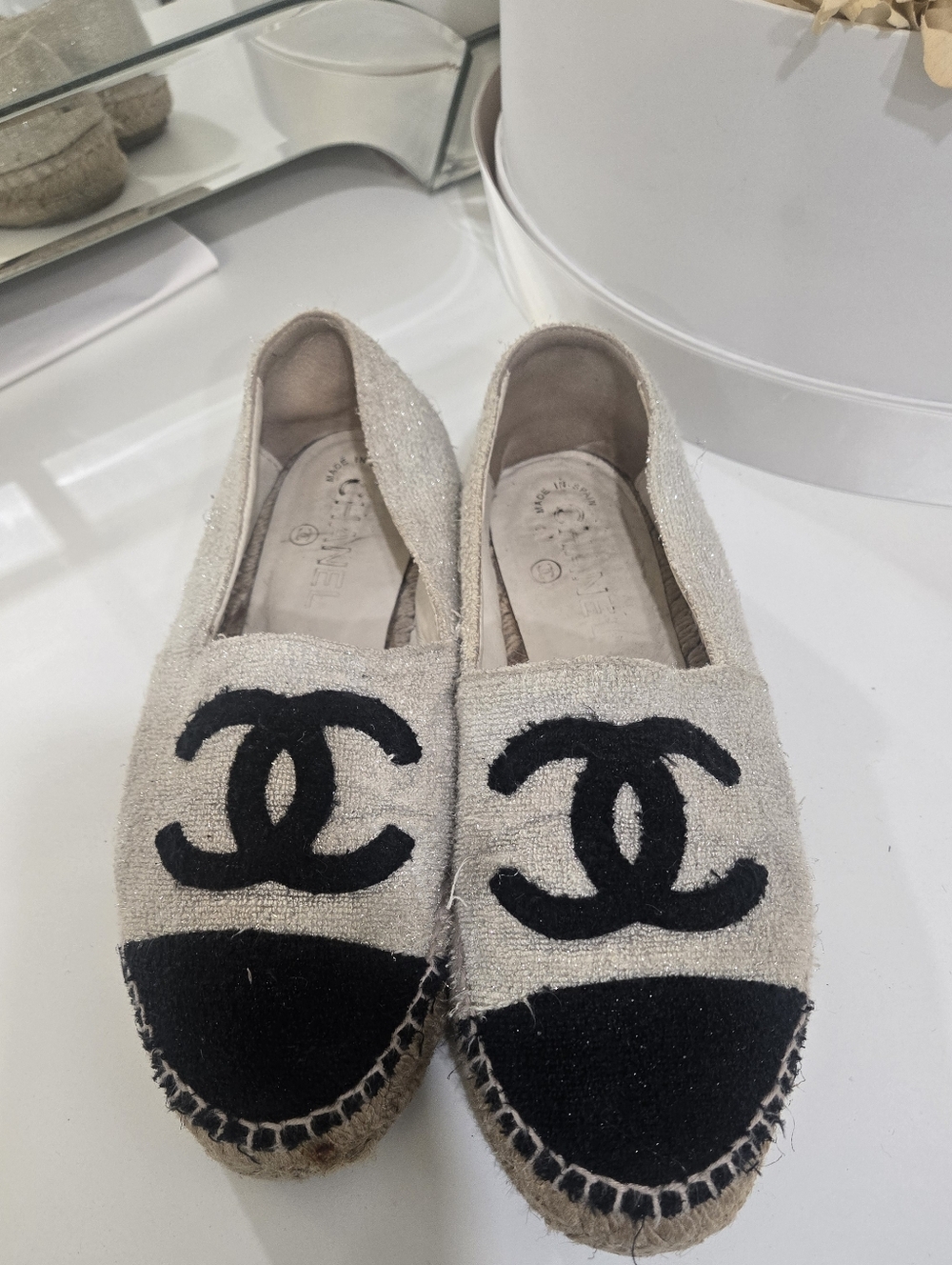 CHANEL Cream Espadrilles with Black Cap Toe and Black CC Logo
